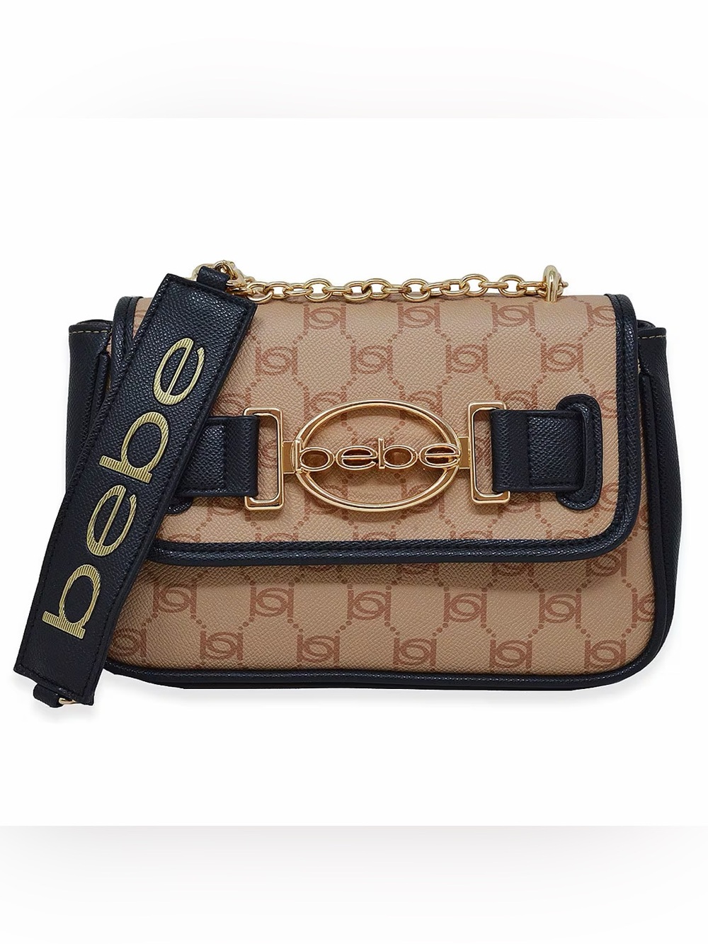 bebe Beige Monogram Crossbody with Black Trim & Gold Hardware